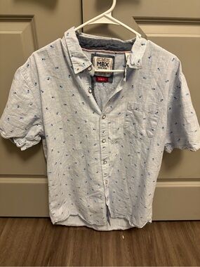 MBX Light Blue Short-Sleeve Button-Down Shirt with Subtle Print